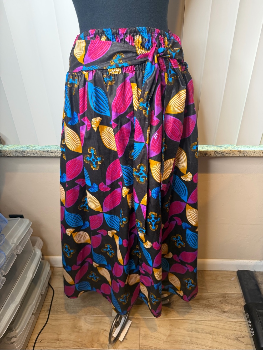 Tiered Floral Print Maxi Skirt in Black with Pink, Blue & Yellow Accents OSFM
